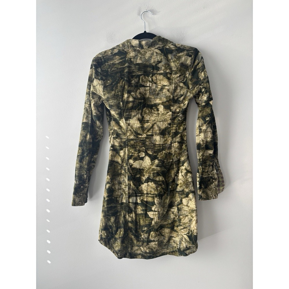 Anthropologie Pilcro Ruched‎ Corduroy Green Printed Mini Shirt Dress Size 0 - Picture 13 of 13